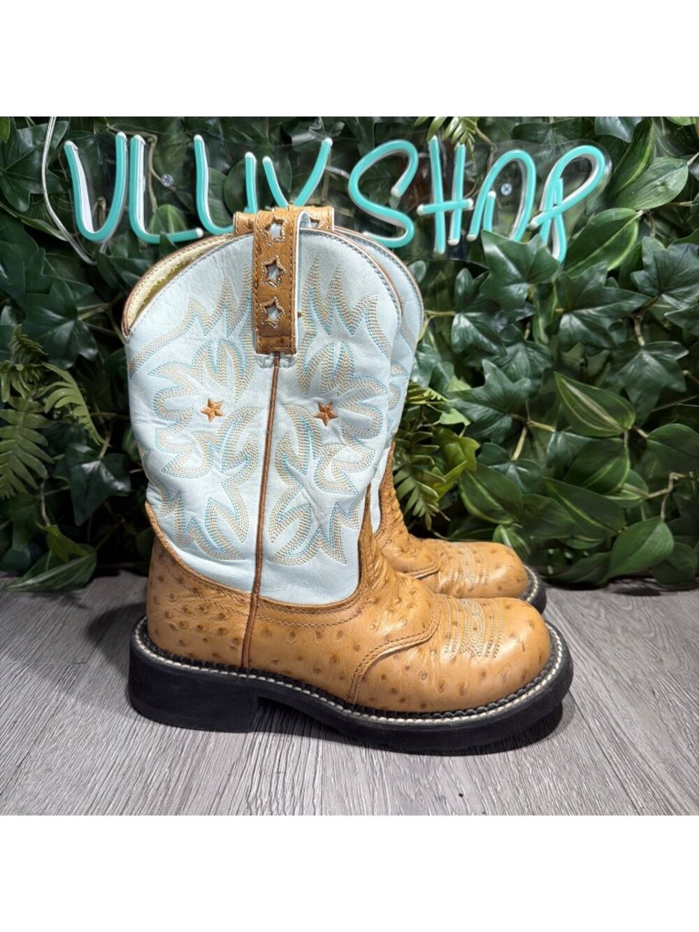 Ariat Fat Baby Brown Blue Cowboy Boots Ostrich Women's 16770 Size 6 B See Pics